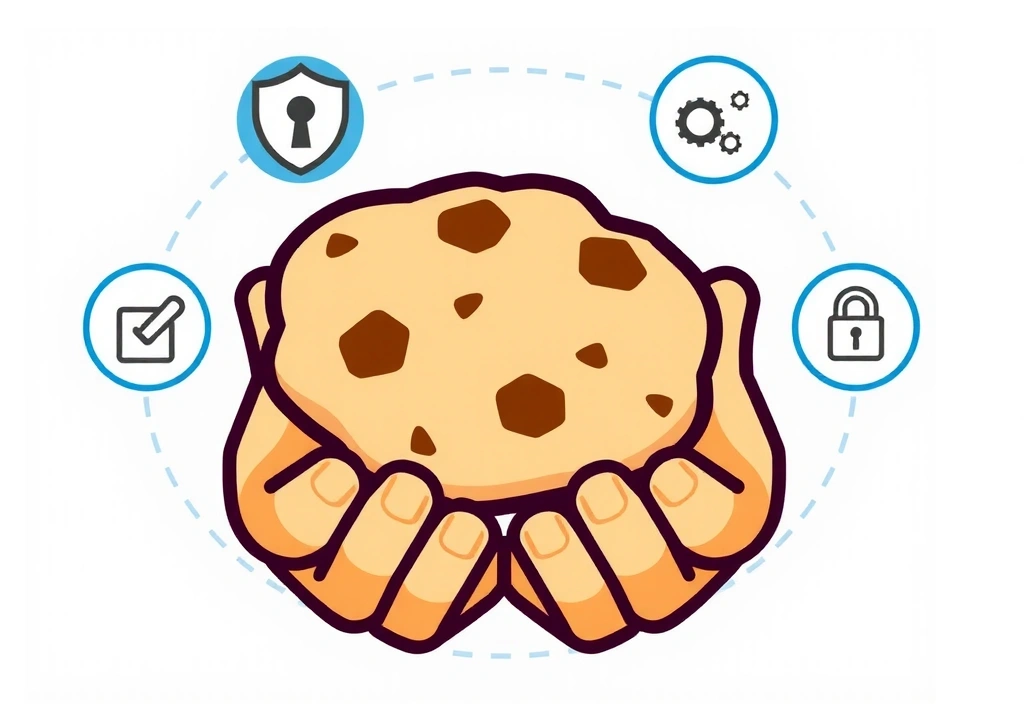 Mani che tengono un biscotto digitale stilizzato con icone di protezione dati