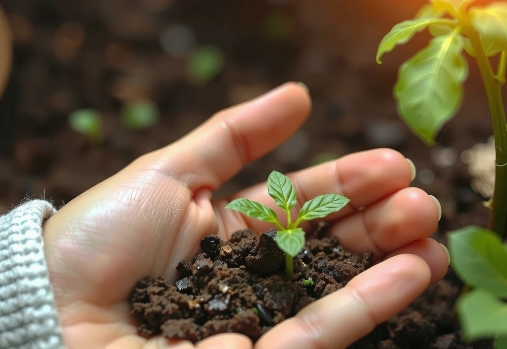 Mano che tiene una pianta germogliante, simbolo di crescita naturale e sostenibilità.